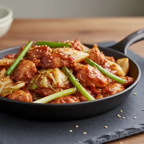 Poêlée de poulet coréen au gochujang, chou et oignons verts
