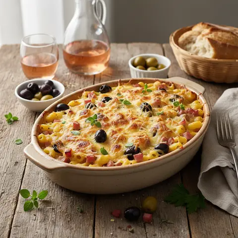 Gratin de Pâtes au Jambon et Olives (Style Méditerranéen)