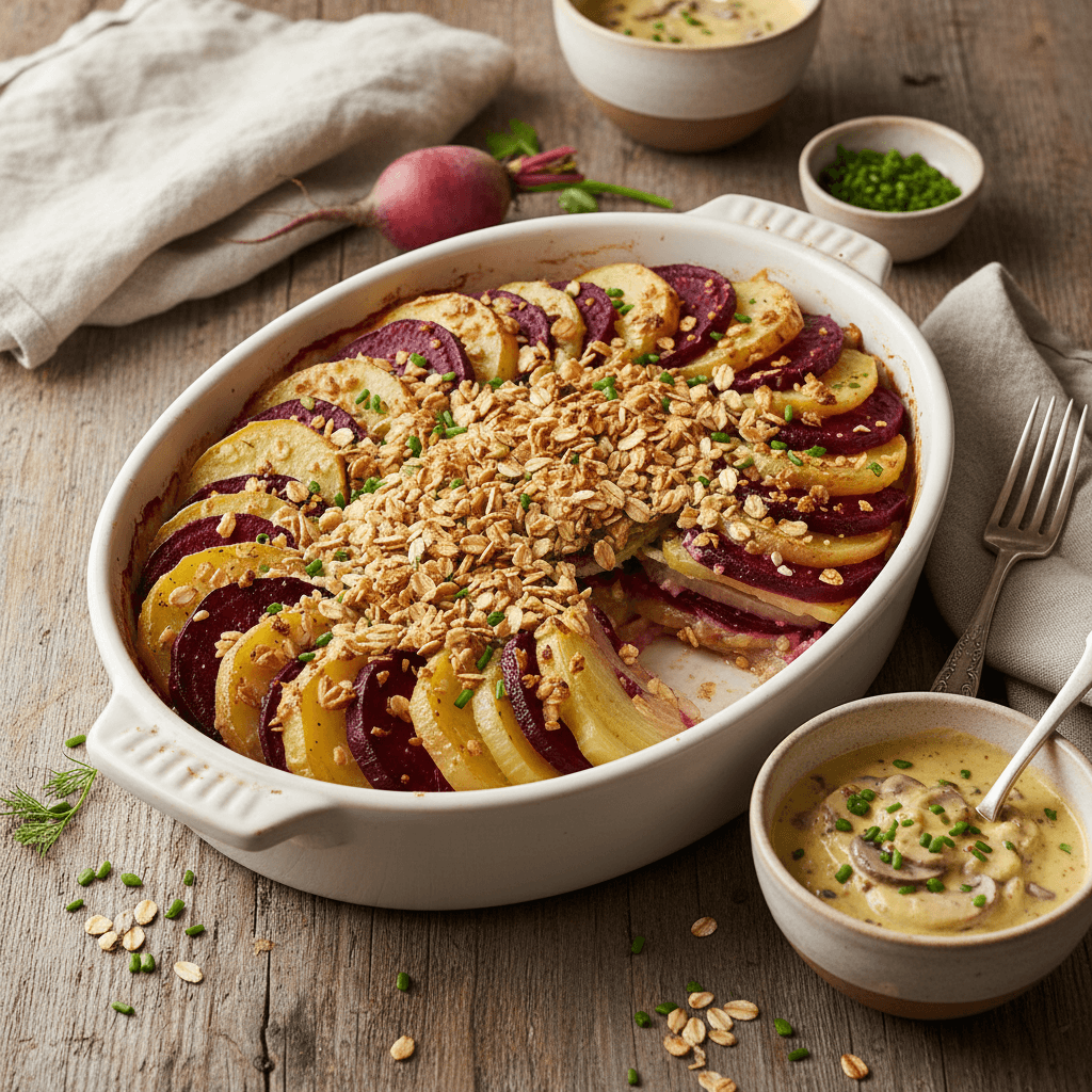 Root Vegetable Gratin with Crispy Oat Topping