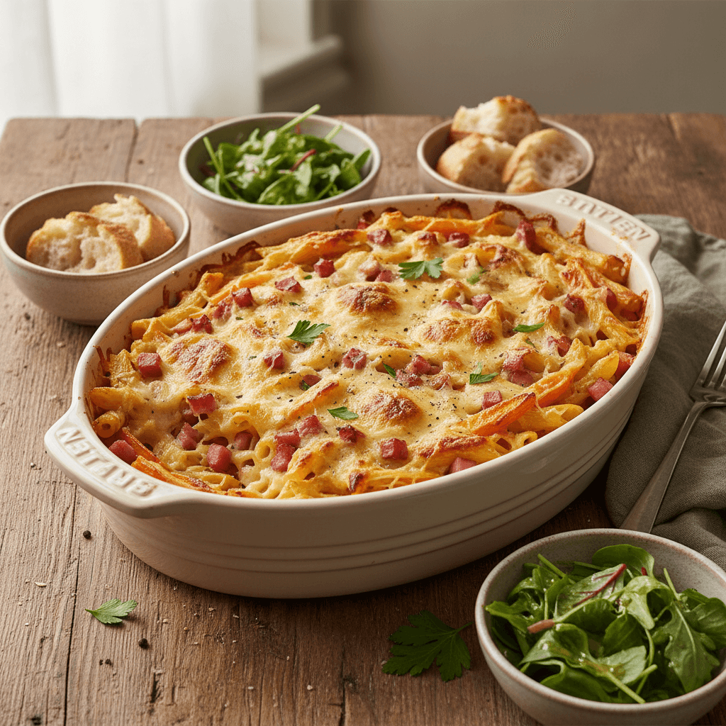 Pasta Gratin with Carrots and Ham