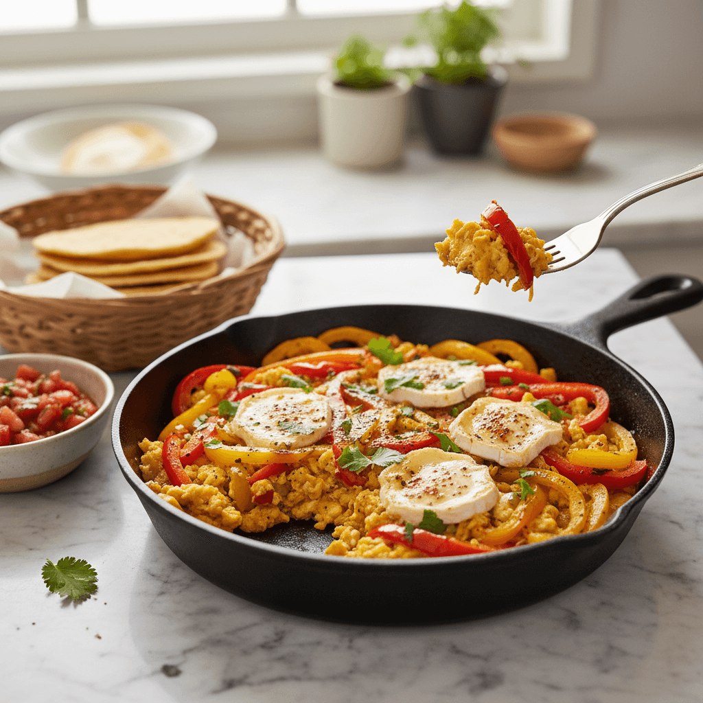 Sauté mexicain aux œufs, poivrons et fromage de chèvre