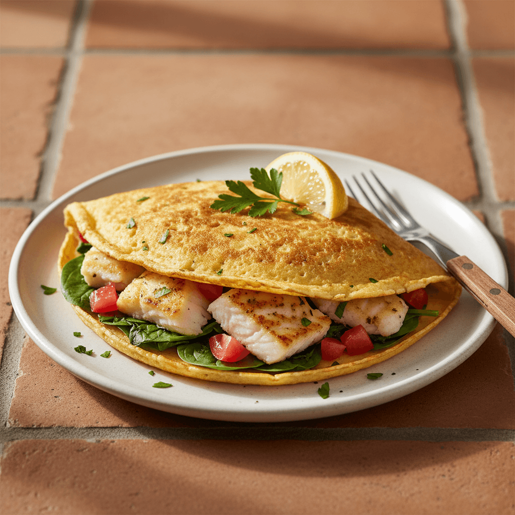 Crêpe d'œuf au cabillaud, épinards et tomates