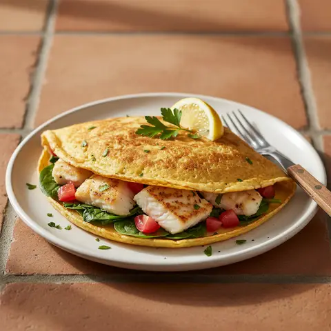 Crêpe d'œuf au cabillaud, épinards et tomates