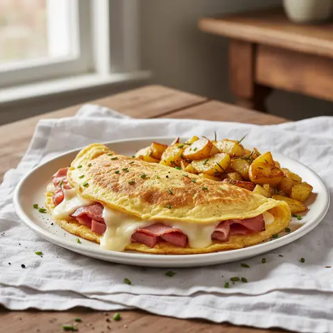 Omelette jambon-fromage aux pommes de terre sautées