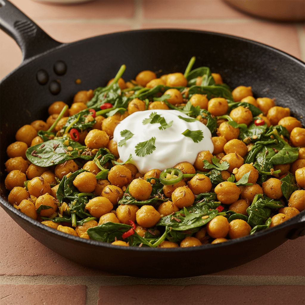 Wok indien de pois chiches aux épinards et curcuma