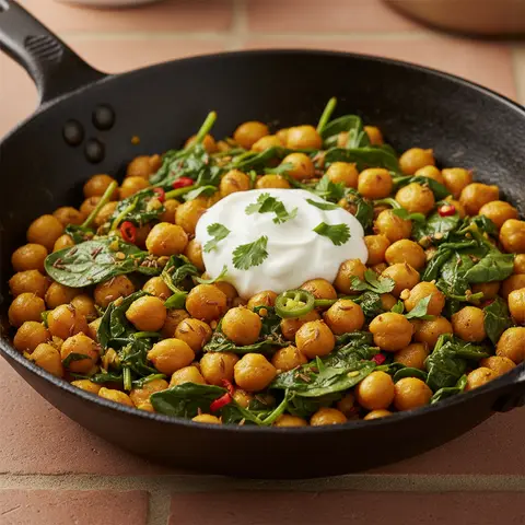 Wok indien de pois chiches aux épinards et curcuma