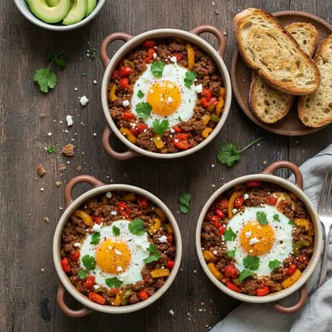 Oeufs cocottes au boeuf hache et poivrons a la mexicaine