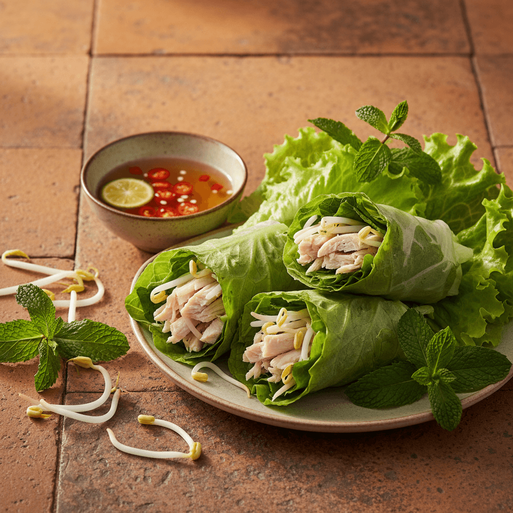 Rouleaux vietnamiens en laitue, poulet et menthe