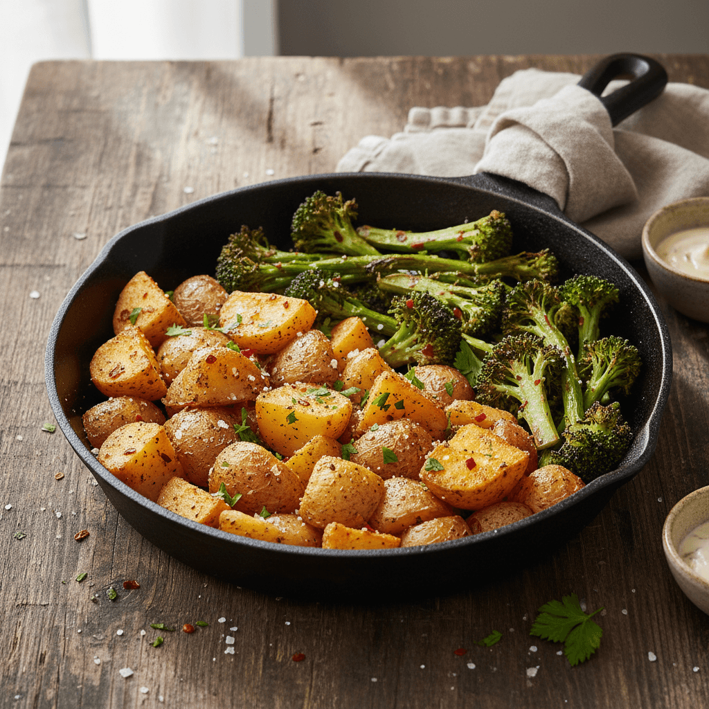 Gebratene Kartoffeln mit Gewürzen und knusprigem Brokkoli