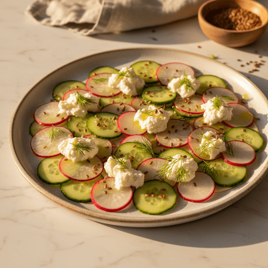 Carpaccio de radis et concombre au chèvre frais