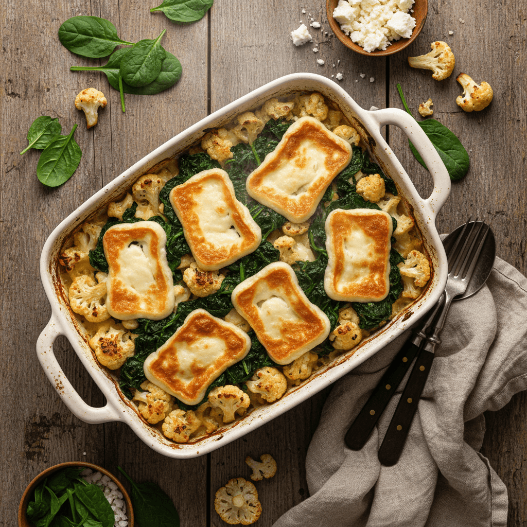 Gratin de chou-fleur au halloumi et épinards