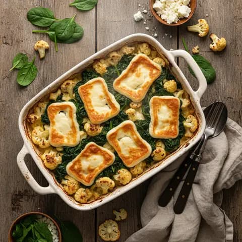 Gratin de chou-fleur au halloumi et épinards