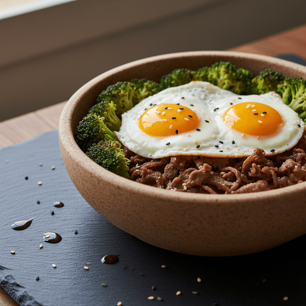 Oeufs au plat sur lit de boeuf bulgogi aux brocolis