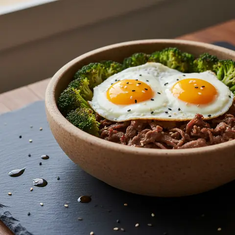 Oeufs au plat sur lit de boeuf bulgogi aux brocolis