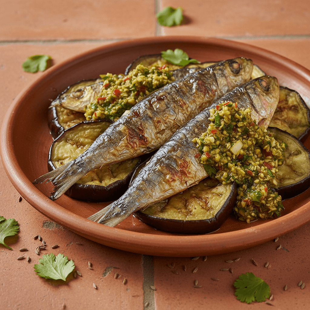 Sardines grillées aux aubergines et chermoula