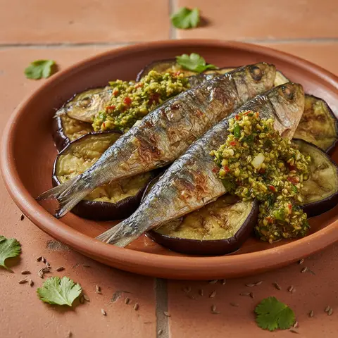 Sardines grillées aux aubergines et chermoula