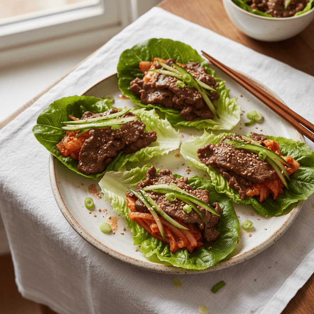 Wrap de laitue au bœuf bulgogi et kimchi