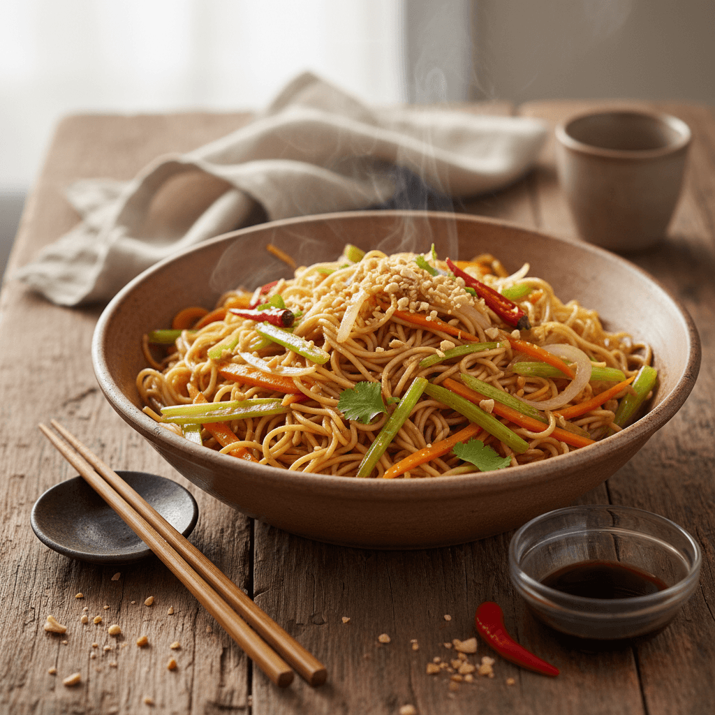 Gebratene Nudeln mit Karotten und Sellerie