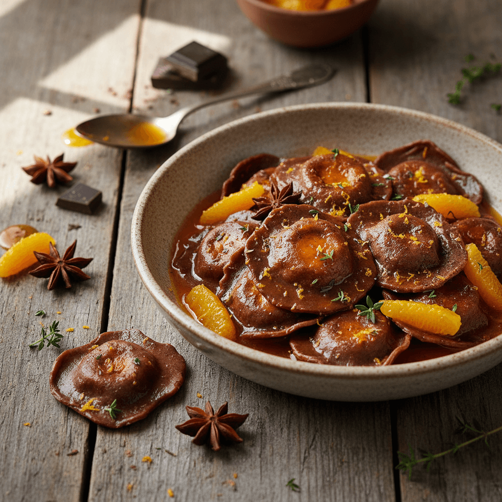 Selbstgemachte Ravioli mit Schokolade und Karotte sowie Orangensauce