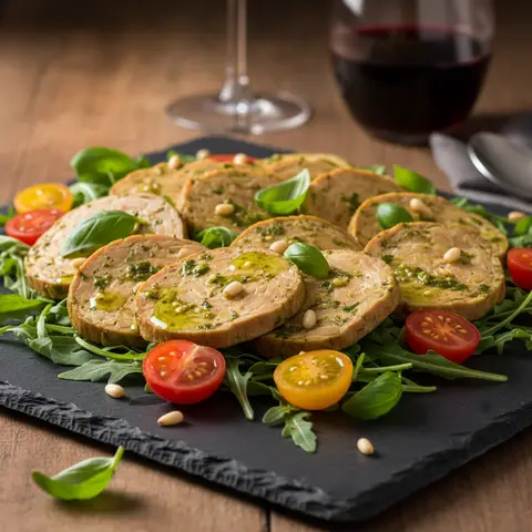 Carpaccio de tempeh mariné au pesto et roquette
