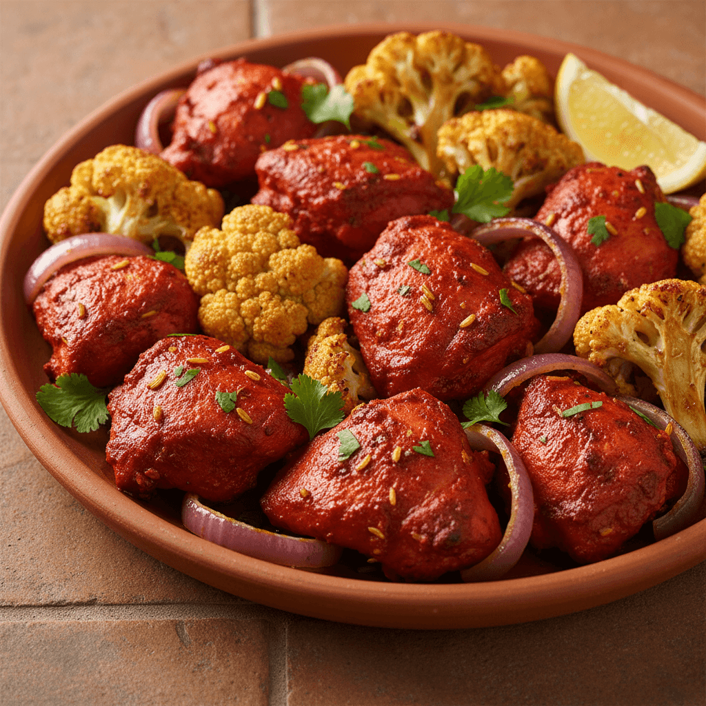 Poulet tandoori au four, chou-fleur et oignon rouge