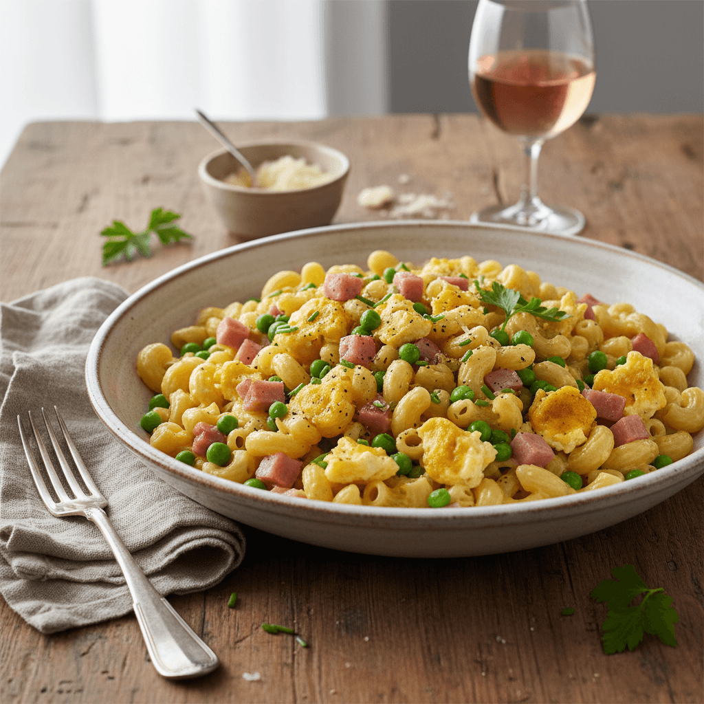 Muschelnudeln mit Eiern, Schinken und Erbsen