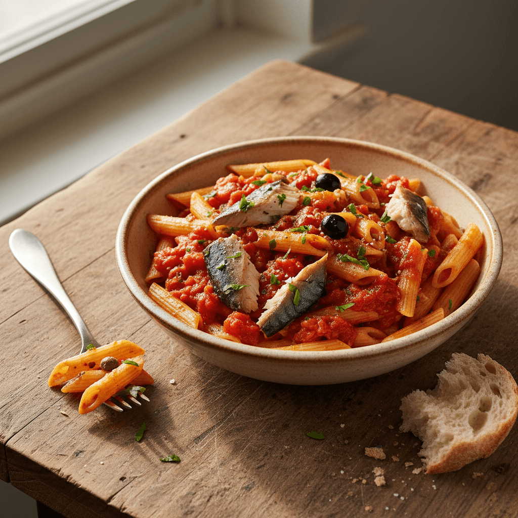 Penne mit Tomaten und Makrele