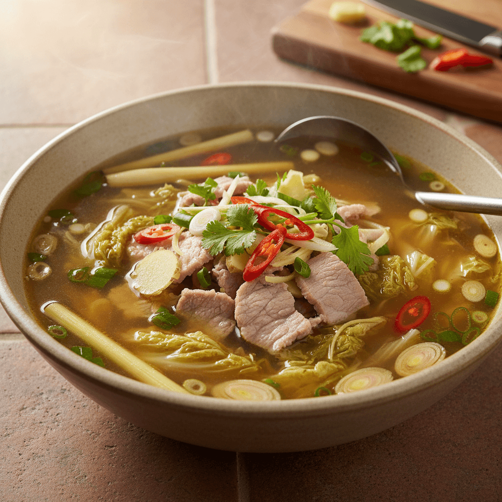 Bouillon thaï au porc et chou napa