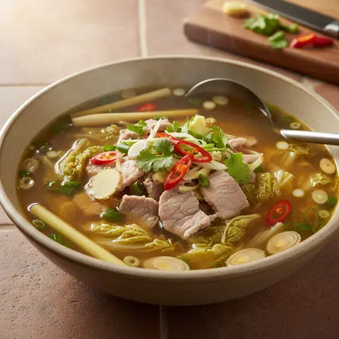 Bouillon thaï au porc et chou napa