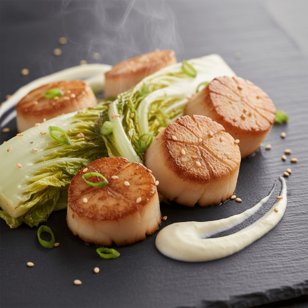 Saint-Jacques sautées au wok, chou chinois et sauce miso