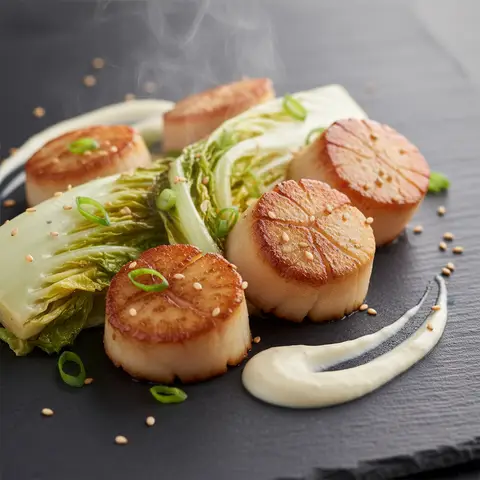 Saint-Jacques sautées au wok, chou chinois et sauce miso