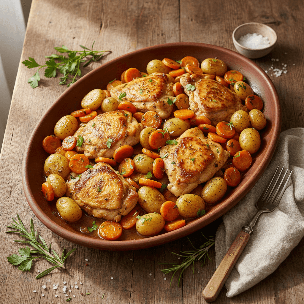 Gebratenes Hähnchen mit Möhren und Kartoffeln