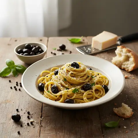 Spaghettis aux Olives et Poivre (Cacio e Pepe Revisité)