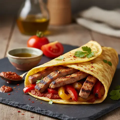 Wrap d'omelette au porc grillé et harissa tunisienne