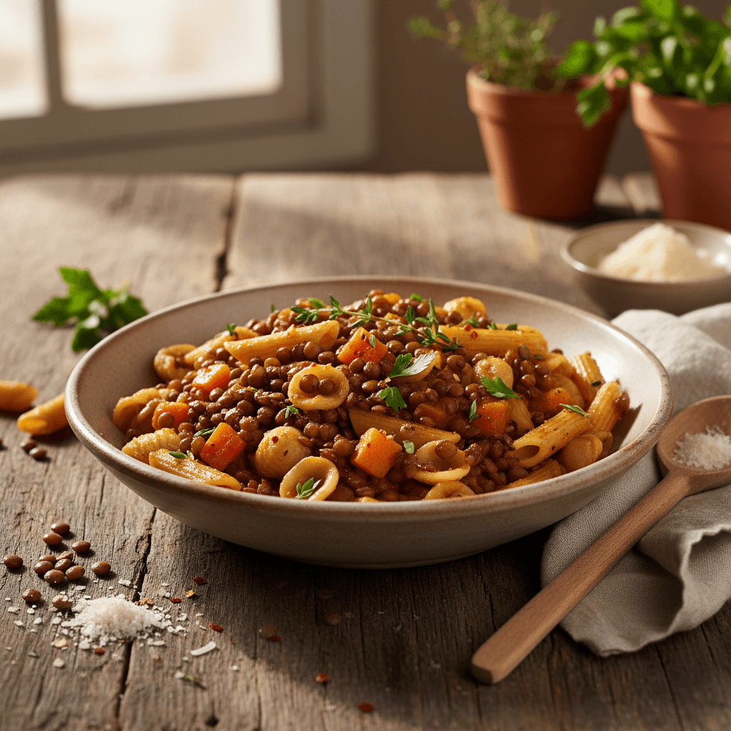 Nudeln mit Linsen und Karotten