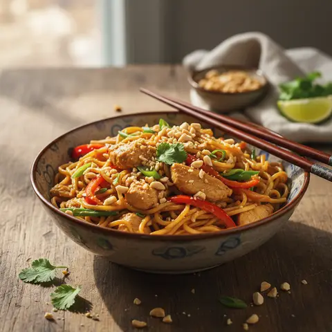 Nouilles asiatiques au poulet et arachides