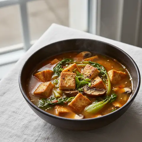 Soupe miso épicée au tofu ferme et chou pak choï