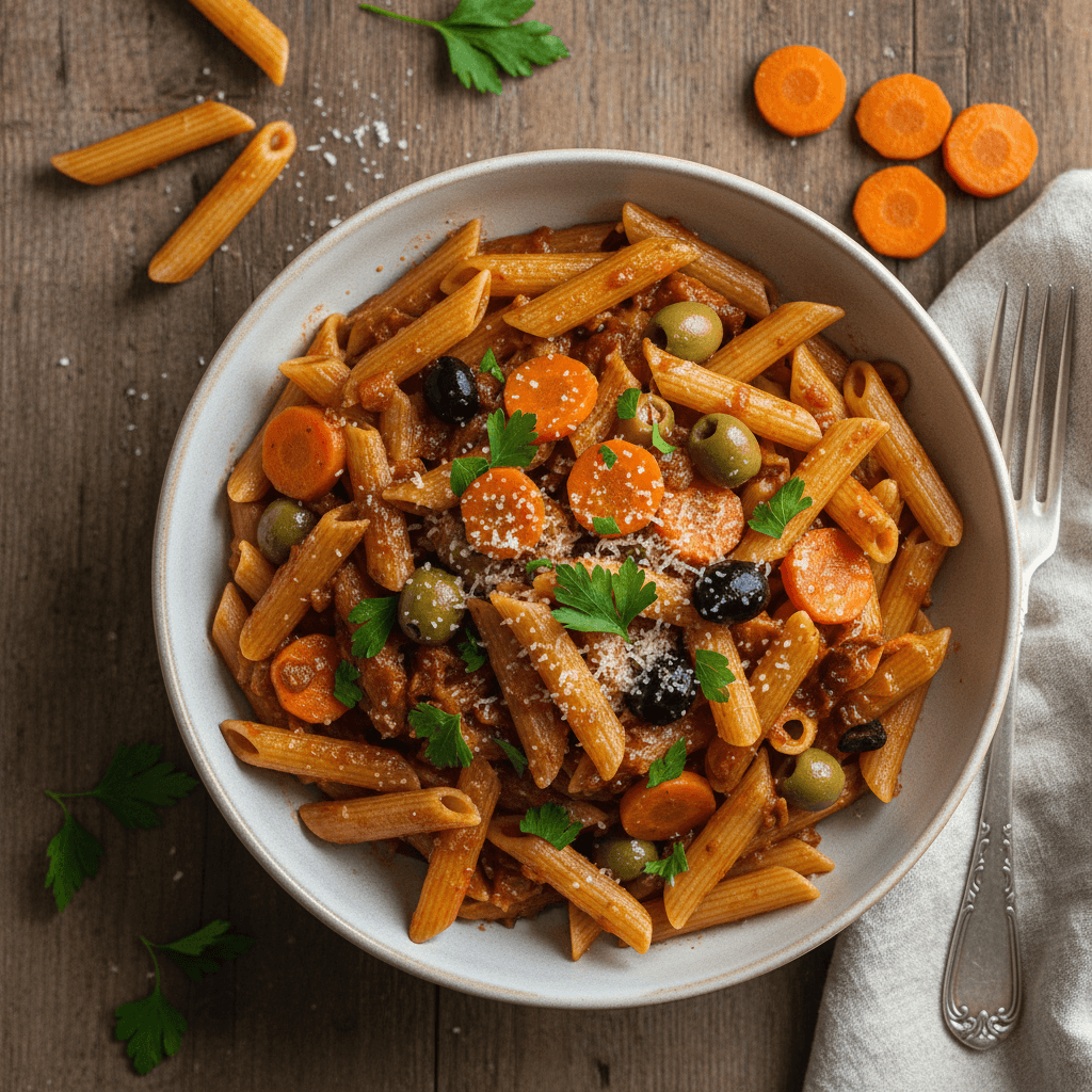 Penne mit Möhren und Oliven
