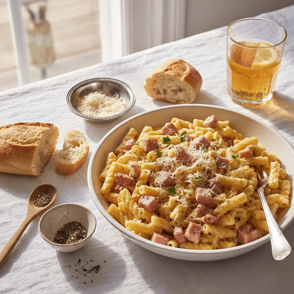 Pâtes à la carbonara revisitée (poulet-jambon)