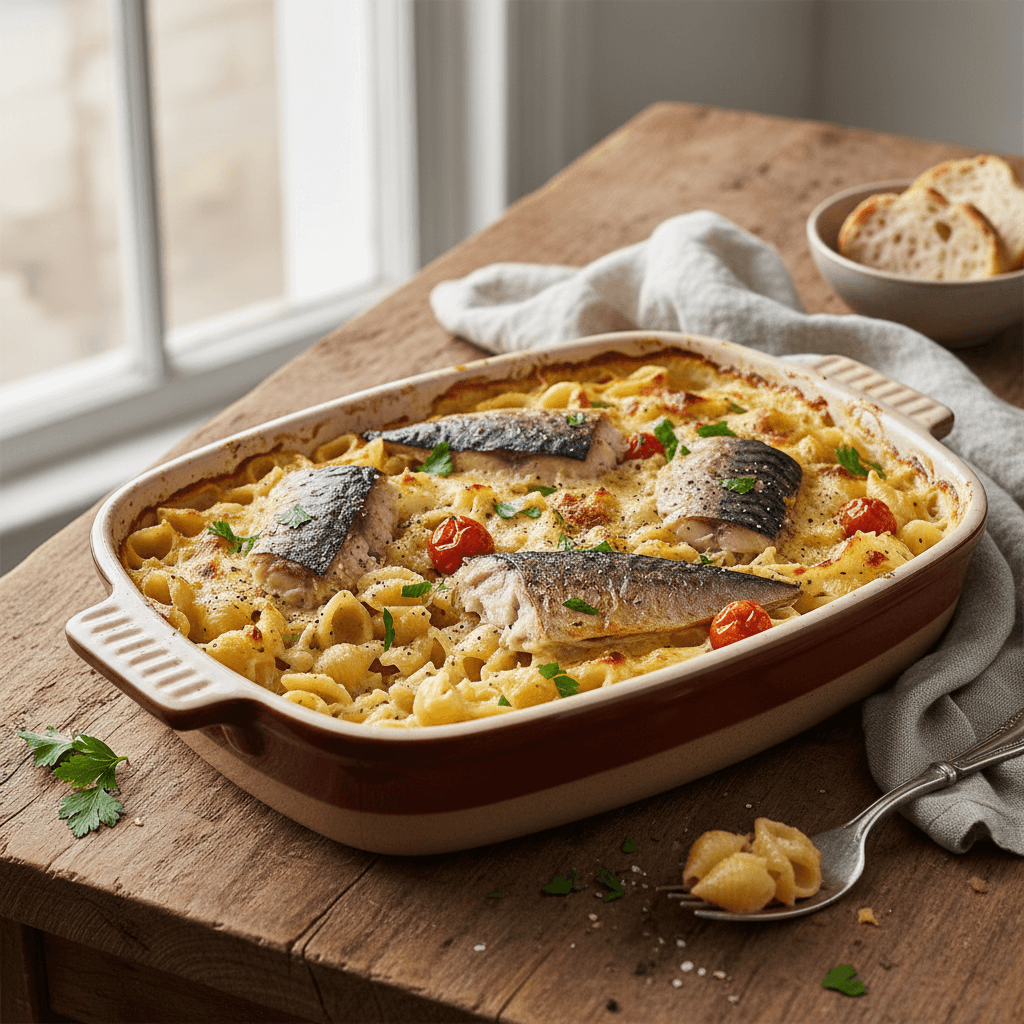 Geröstete Makrele mit cremigen Nudeln