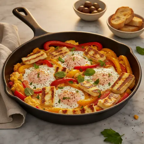 Poêlée turque d'oeufs au halloumi, poivrons et sumac