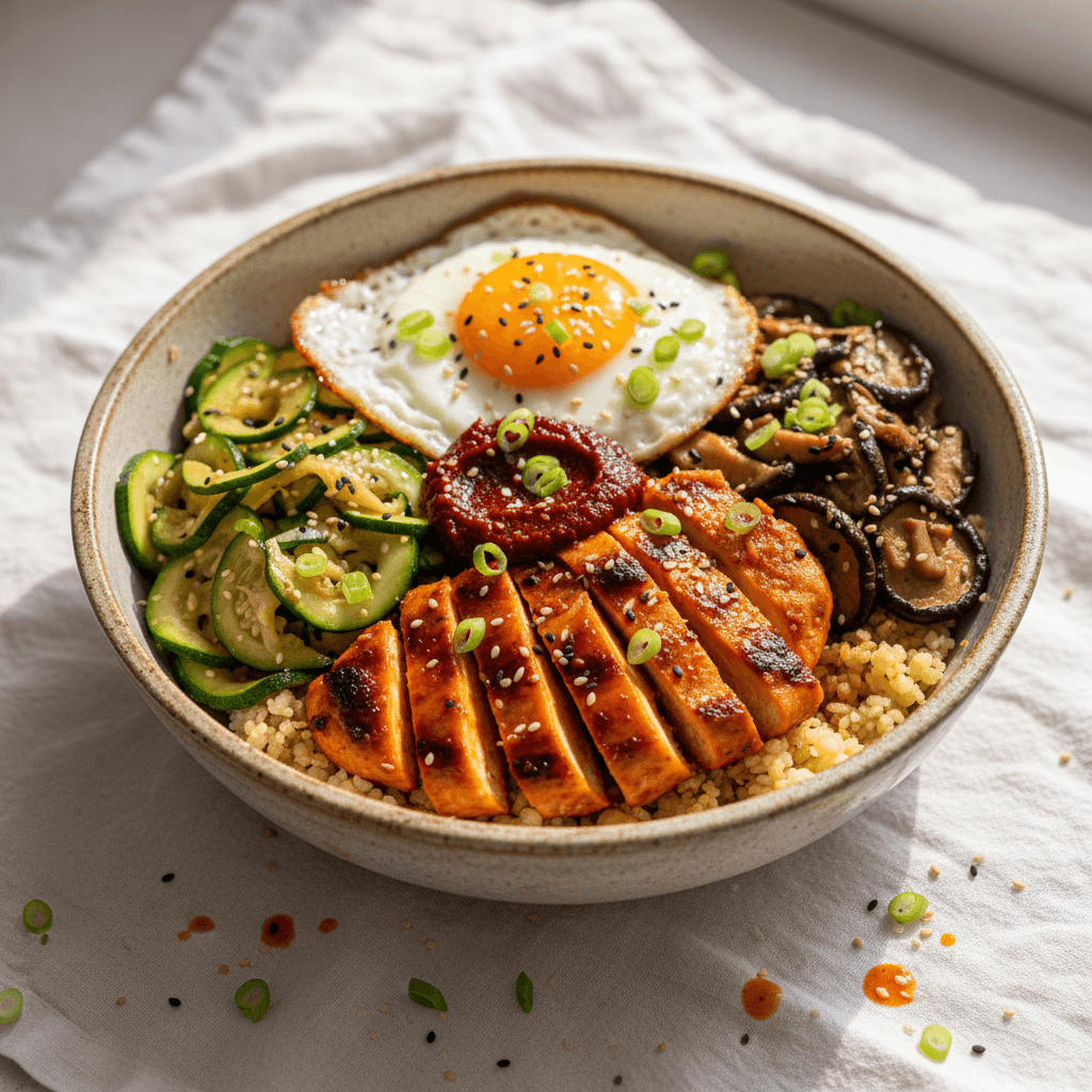 Bowl bibimbap au poulet sur riz de chou-fleur