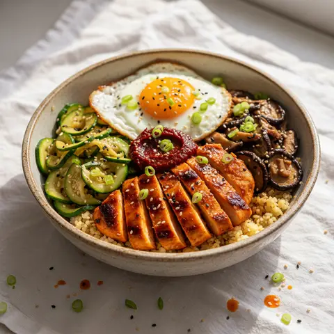 Bowl bibimbap au poulet sur riz de chou-fleur