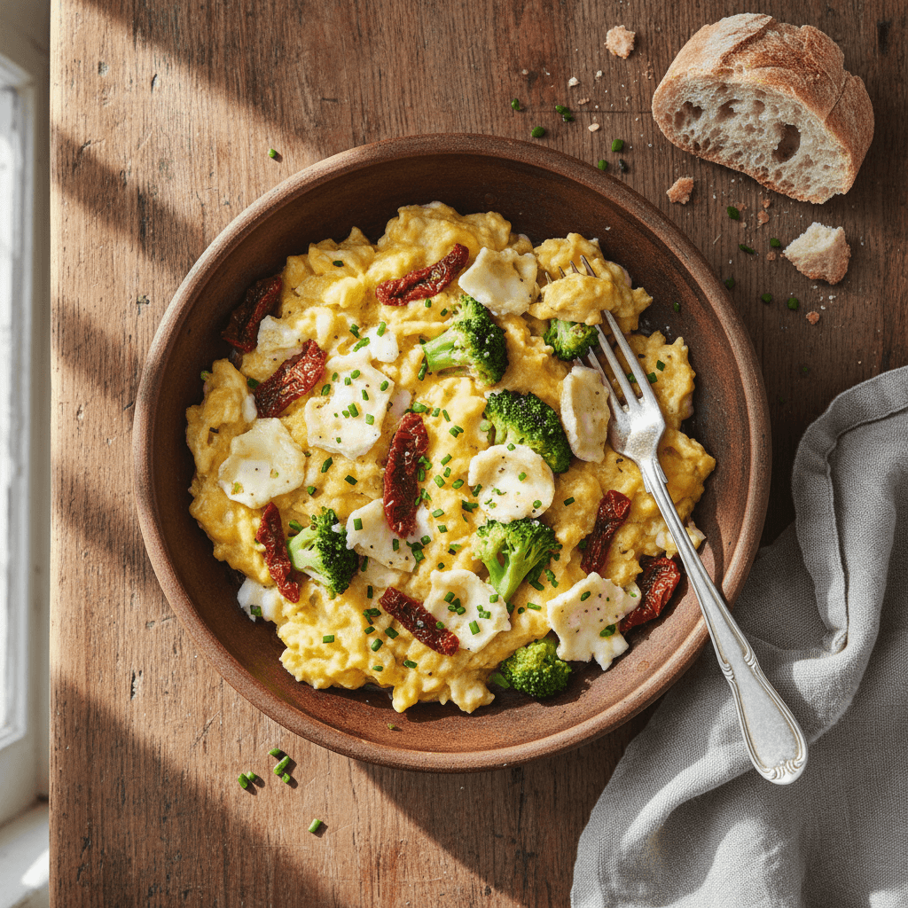 Oeufs brouillés au chèvre, brocoli et tomates séchées