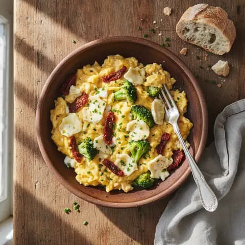 Oeufs brouillés au chèvre, brocoli et tomates séchées