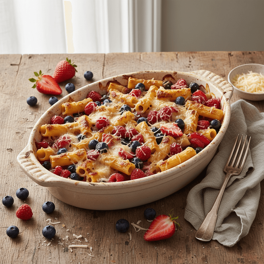 Nudelauflauf mit roten Früchten und Gruyère