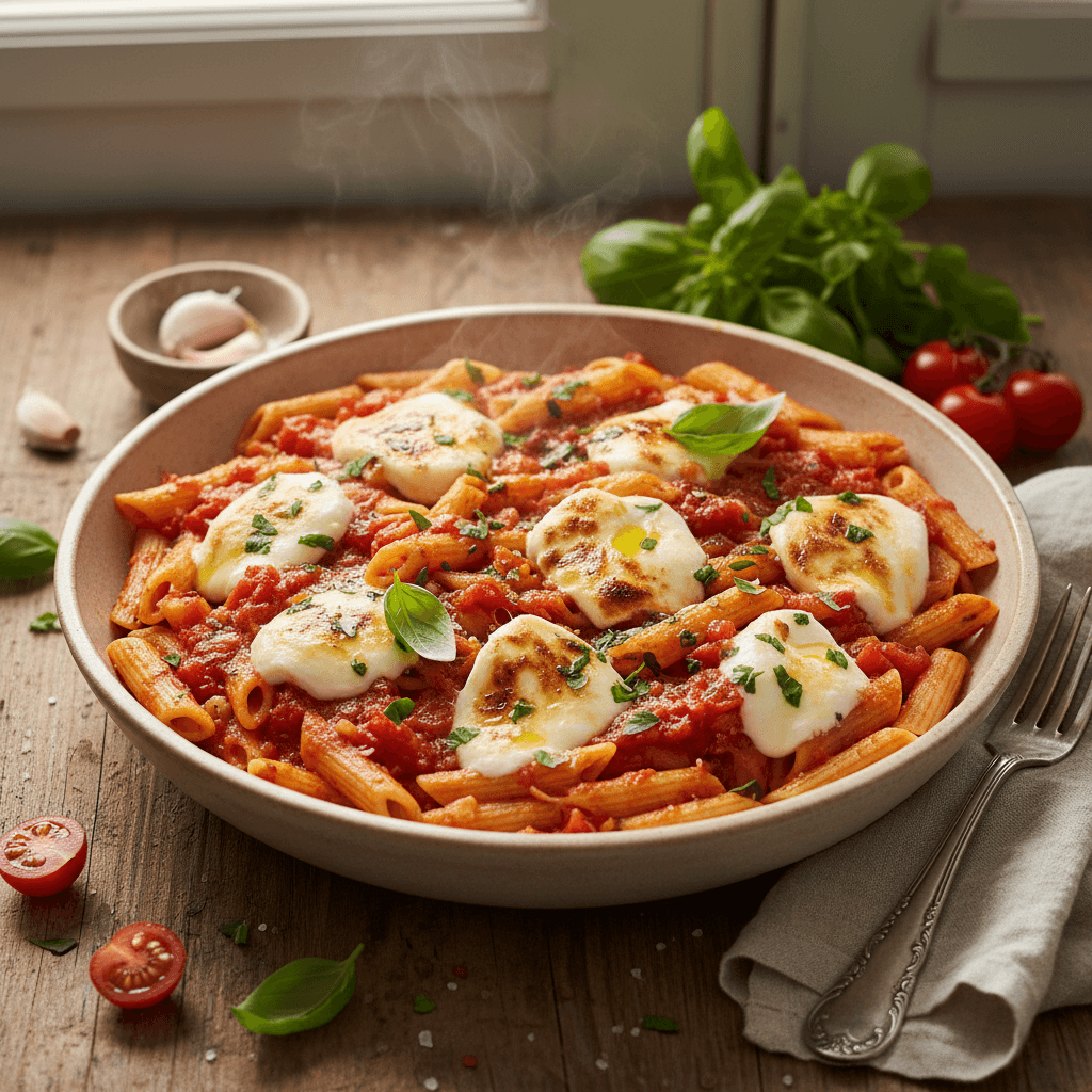 Nudeln mit Tomaten und Mozzarella (mit Knoblauch und Kräutern)