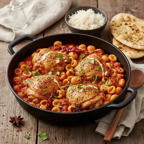 Curry Indien de Pâtes aux Cuisses de Poulet et Coquillettes