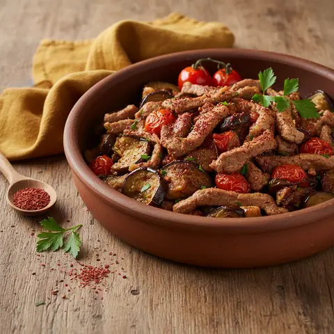 Wok d'agneau a la turque aux aubergines