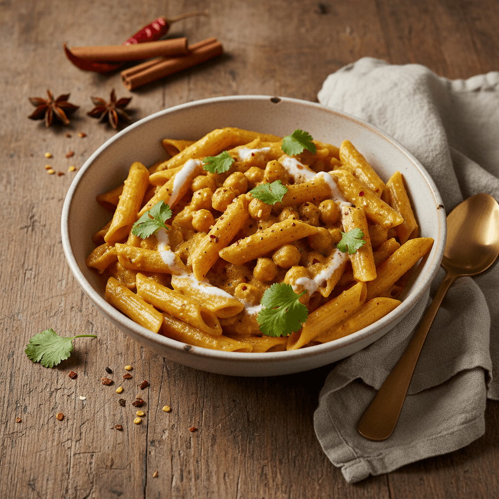 Penne-Curry mit Kichererbsen und Kokosmilch